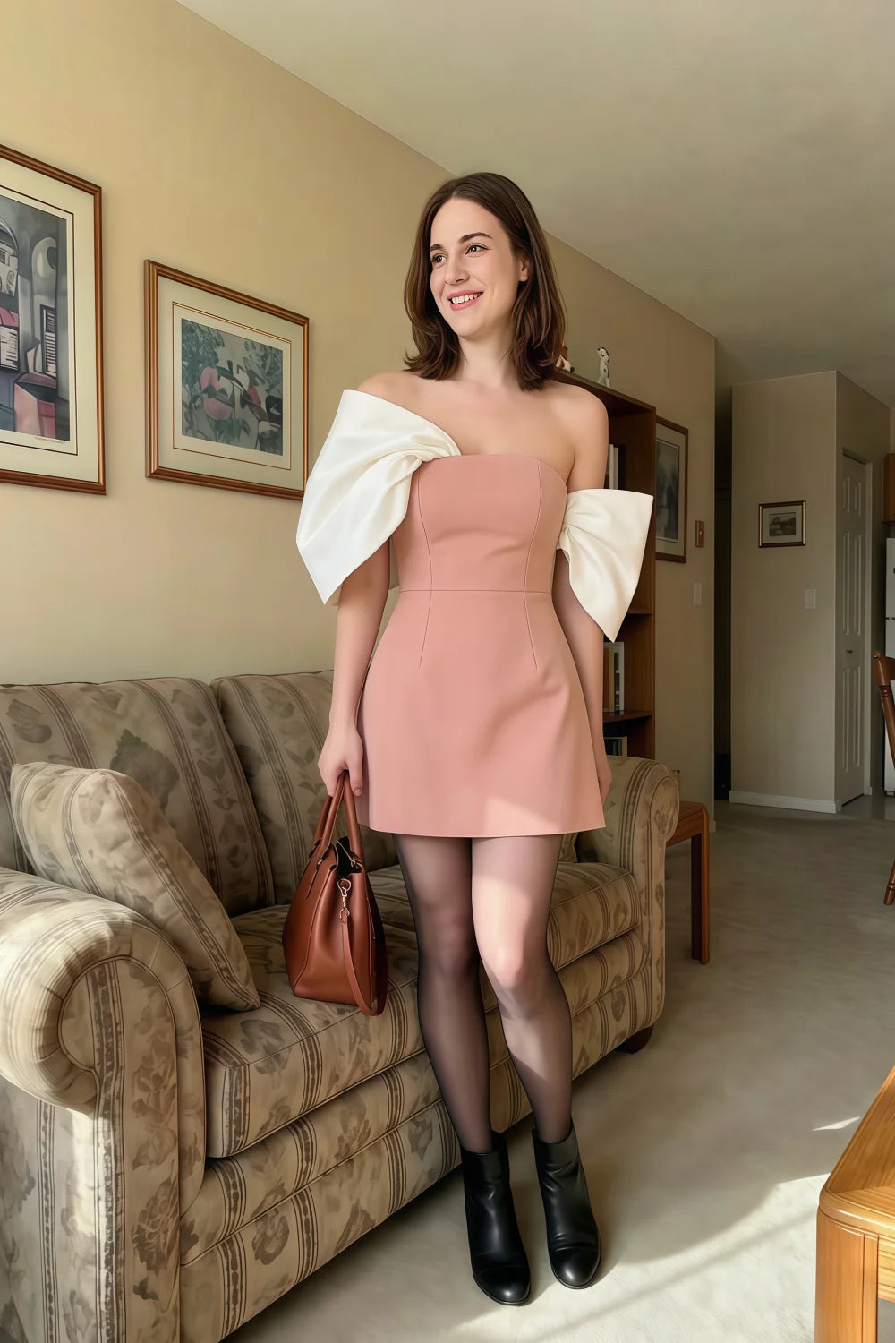 Bella Pink Satin Bandeau A-Line Mini Dress with Bow Sleeves