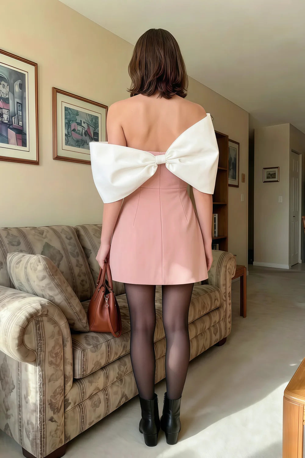 Bella Pink Satin Bandeau A-Line Mini Dress with Bow Sleeves