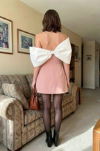 Bella Pink Satin Bandeau A-Line Mini Dress with Bow Sleeves