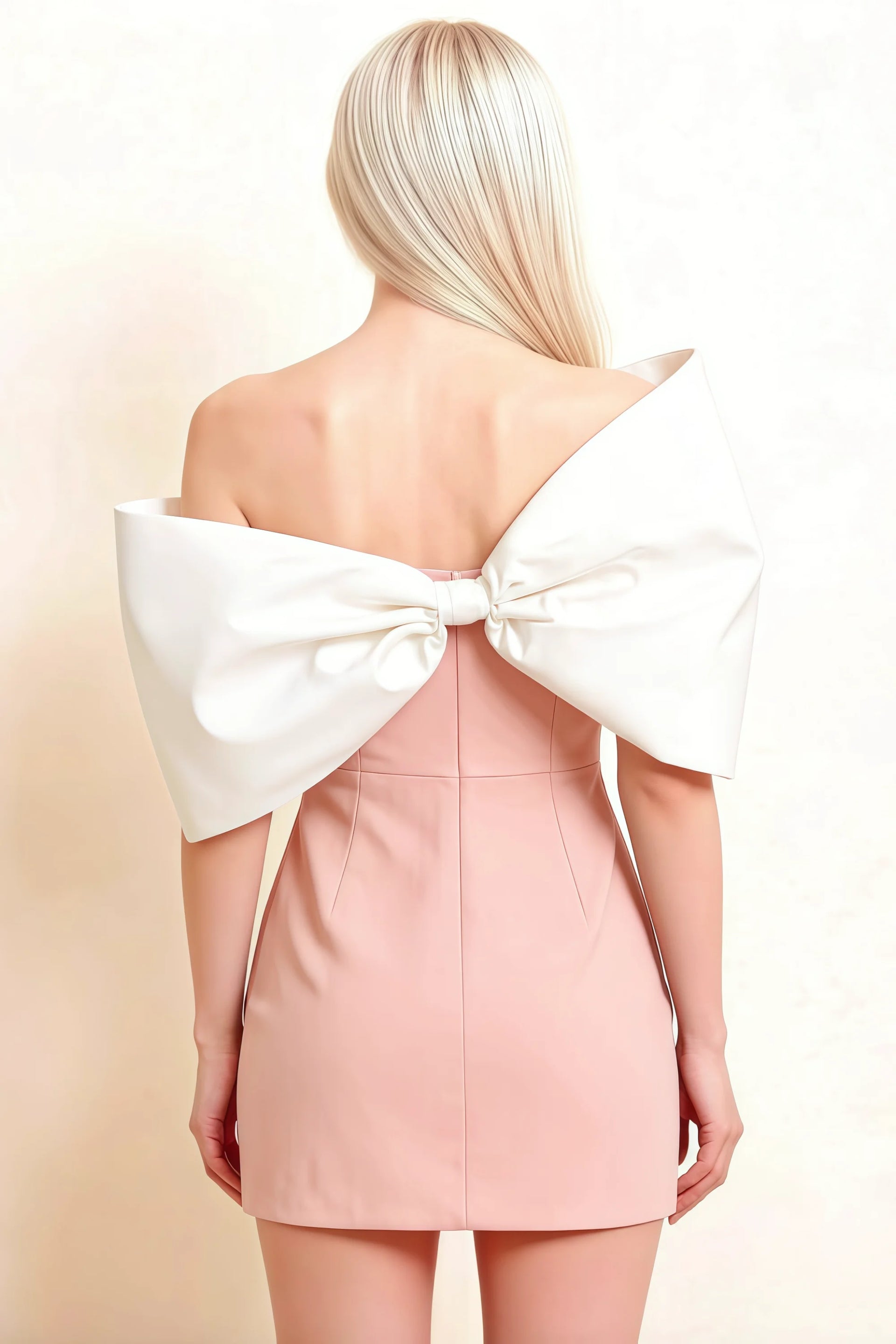 Bella Pink Satin Bandeau A-Line Mini Dress with Bow Sleeves