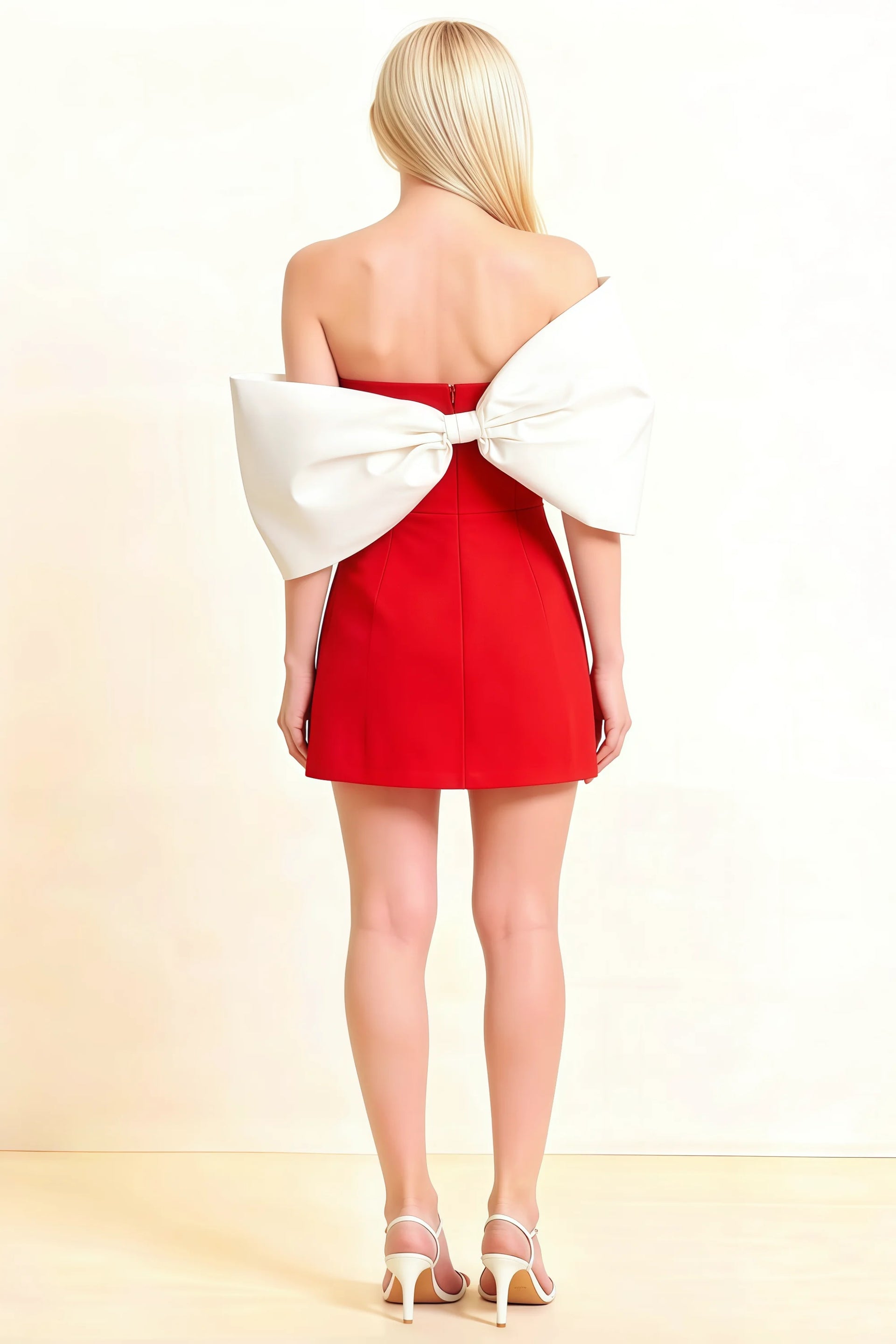 Bella Red and White Satin Bandeau A-Line Mini Dress with Bow Sleeves