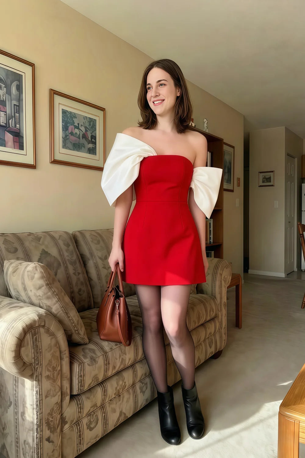 Bella Red and White Satin Bandeau A-Line Mini Dress with Bow Sleeves