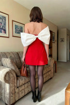 Bella Red and White Satin Bandeau A-Line Mini Dress with Bow Sleeves