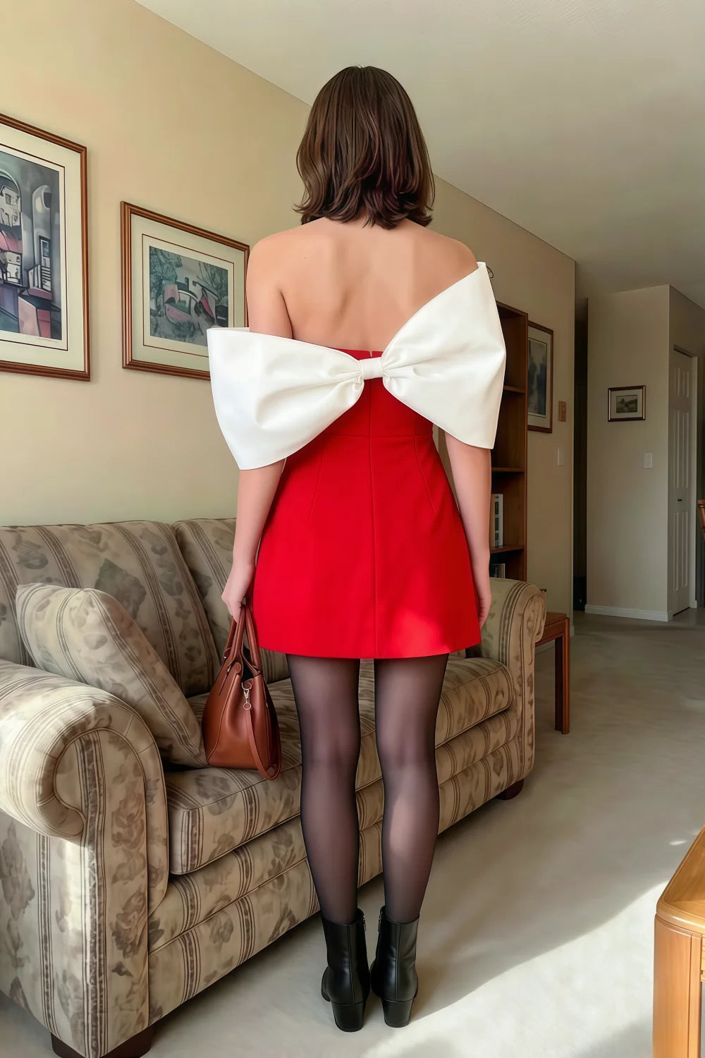 Bella Red and White Satin Bandeau A-Line Mini Dress with Bow Sleeves