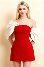 Bella Red and White Satin Bandeau A-Line Mini Dress with Bow Sleeves