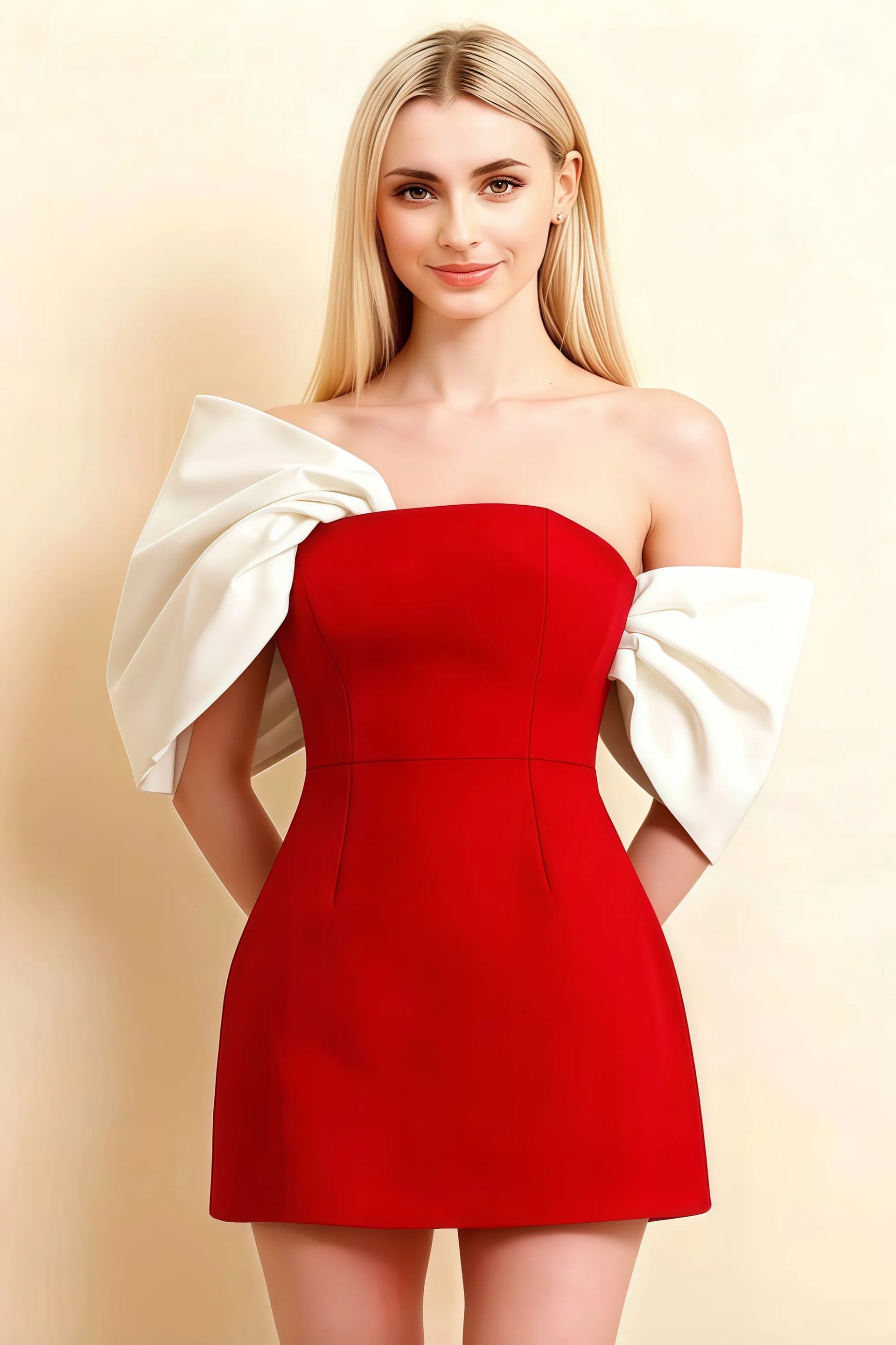 Bella Red and White Satin Bandeau A-Line Mini Dress with Bow Sleeves