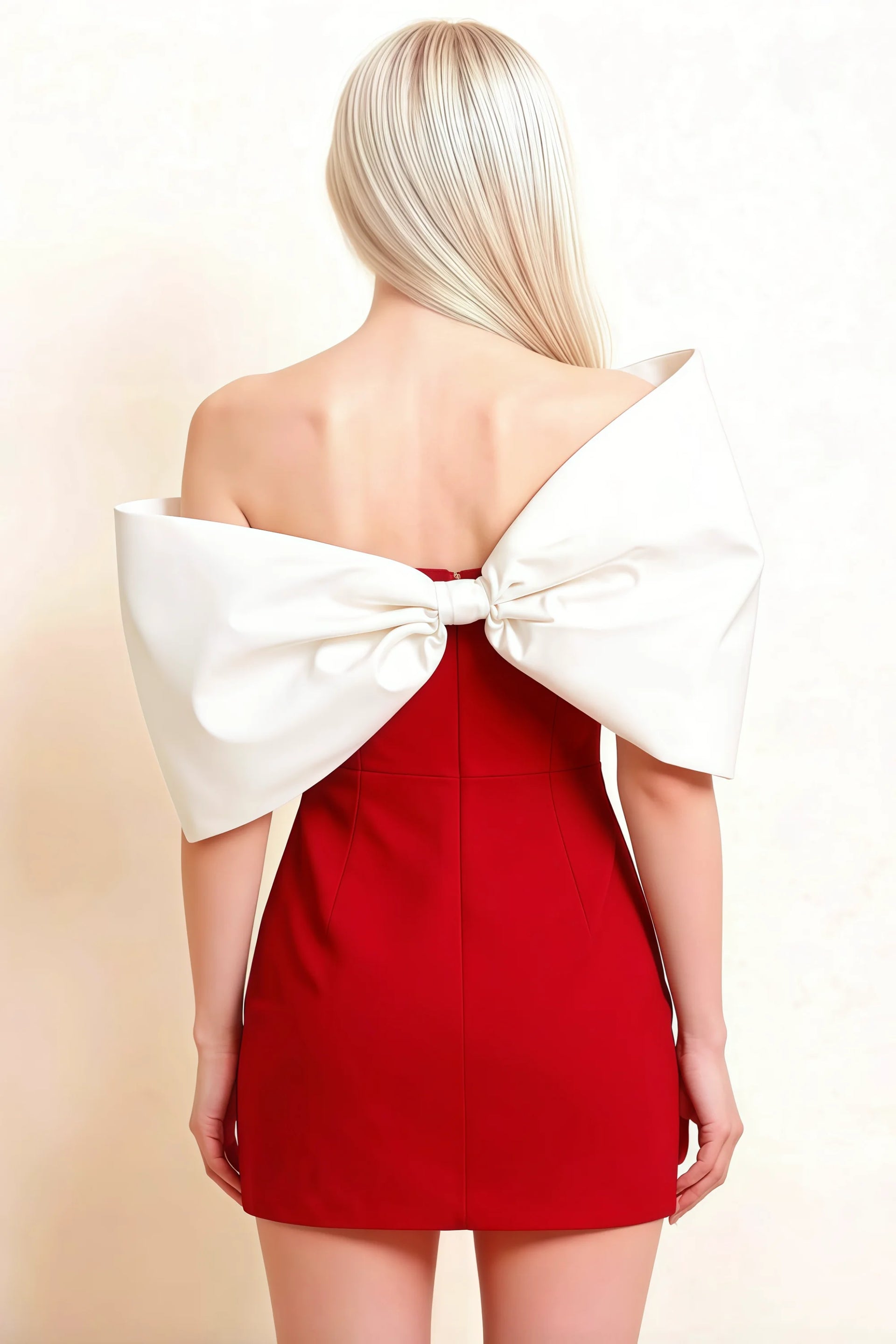Bella Red and White Satin Bandeau A-Line Mini Dress with Bow Sleeves