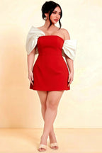 Bella Red and White Satin Bandeau A-Line Mini Dress with Bow Sleeves