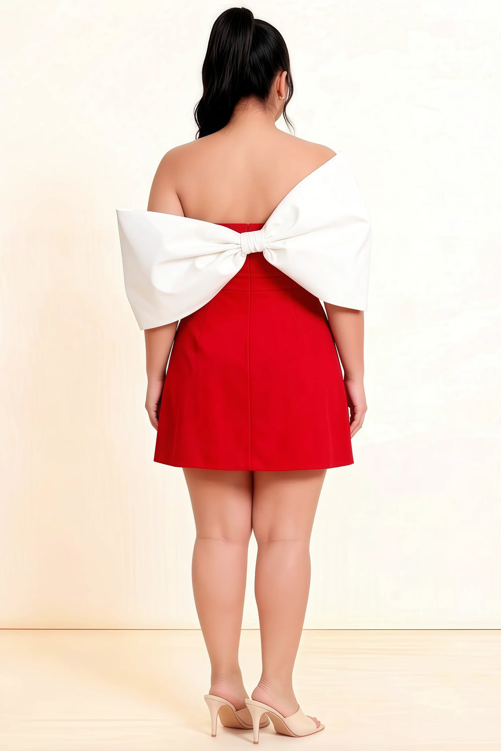 Bella Red and White Satin Bandeau A-Line Mini Dress with Bow Sleeves