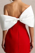 Bella Red and White Satin Bandeau A-Line Mini Dress with Bow Sleeves