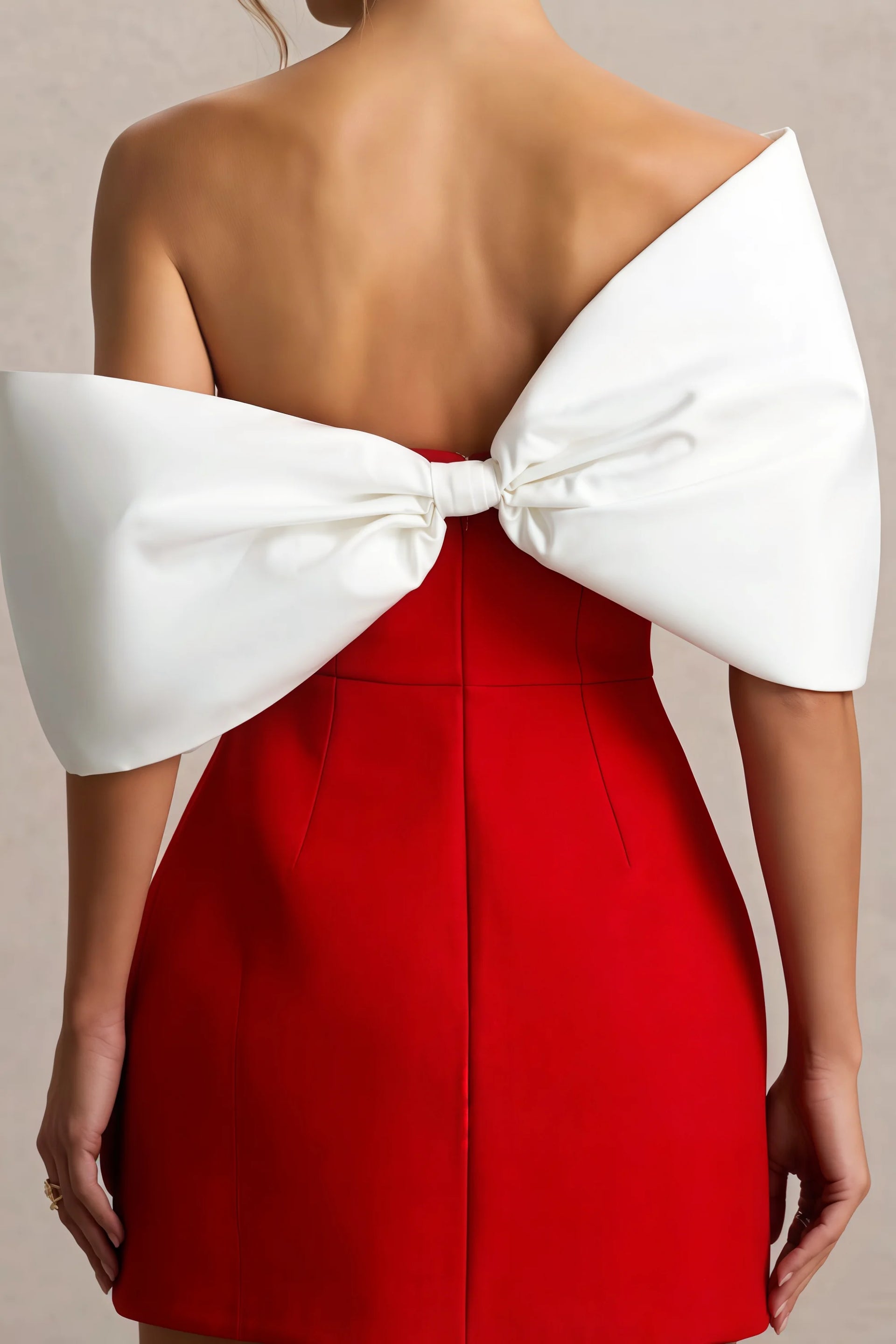Bella Red and White Satin Bandeau A-Line Mini Dress with Bow Sleeves