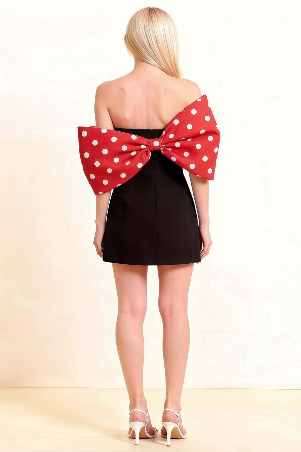 Bella Red Polka Dot Satin Bandeau A-Line Mini Dress with Bow Sleeves