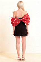 Bella Red Polka Dot Satin Bandeau A-Line Mini Dress with Bow Sleeves
