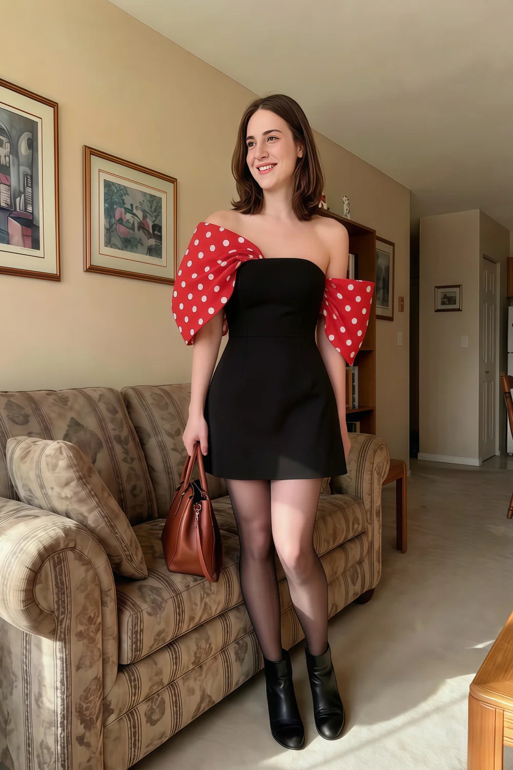 Bella Red Polka Dot Satin Bandeau A-Line Mini Dress with Bow Sleeves