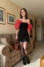Bella Red Polka Dot Satin Bandeau A-Line Mini Dress with Bow Sleeves