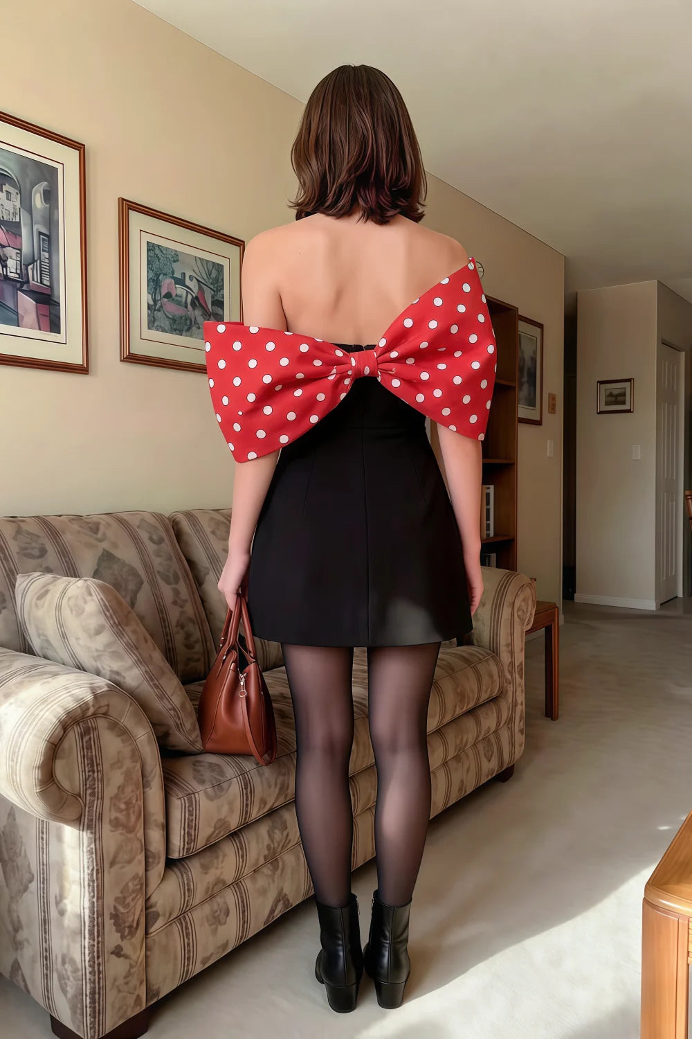 Bella Red Polka Dot Satin Bandeau A-Line Mini Dress with Bow Sleeves