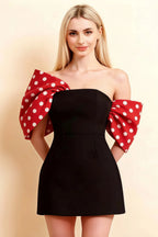 Bella Red Polka Dot Satin Bandeau A-Line Mini Dress with Bow Sleeves