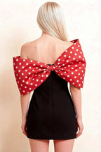 Bella Red Polka Dot Satin Bandeau A-Line Mini Dress with Bow Sleeves