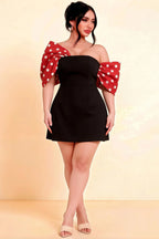 Bella Red Polka Dot Satin Bandeau A-Line Mini Dress with Bow Sleeves
