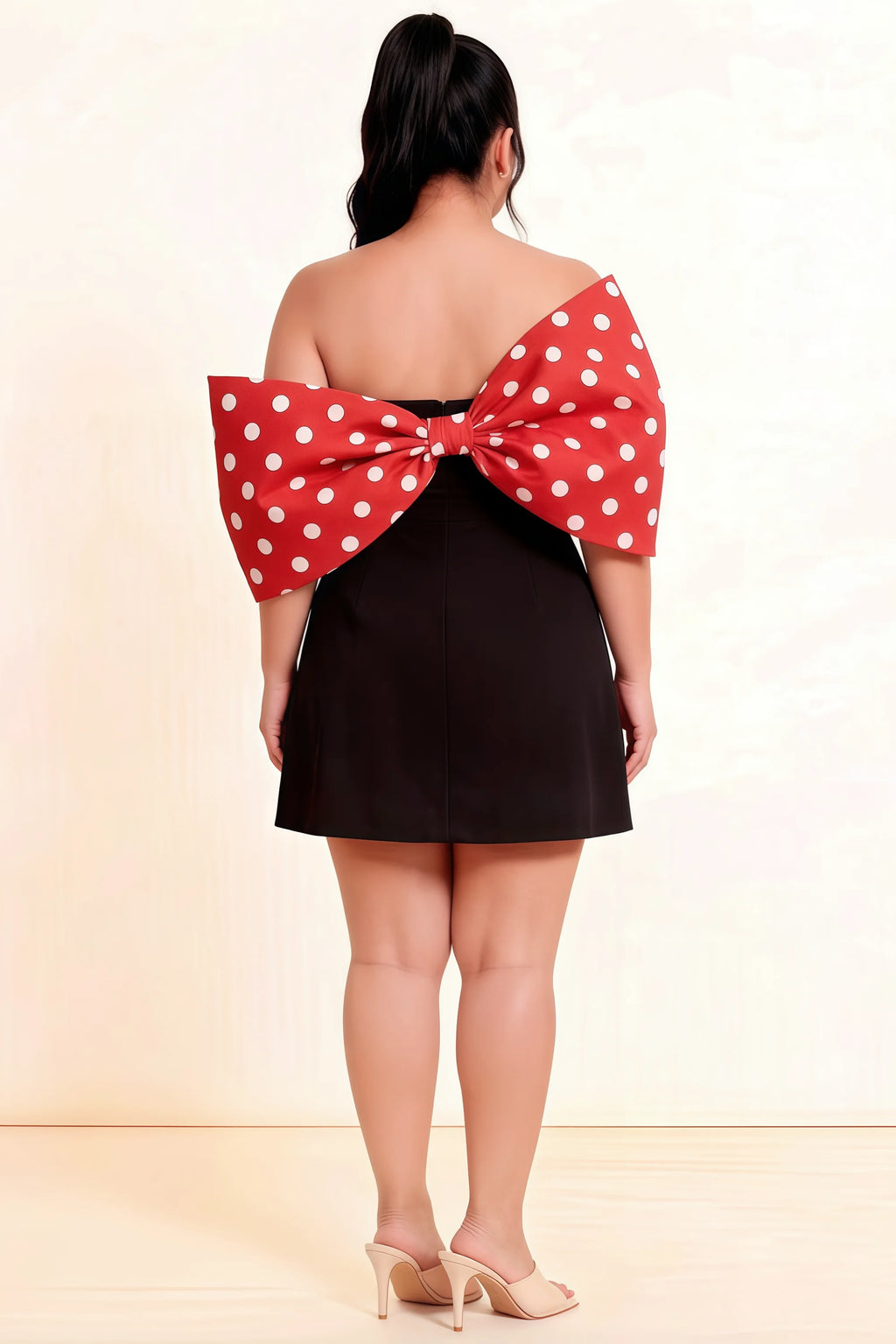 Bella Red Polka Dot Satin Bandeau A-Line Mini Dress with Bow Sleeves