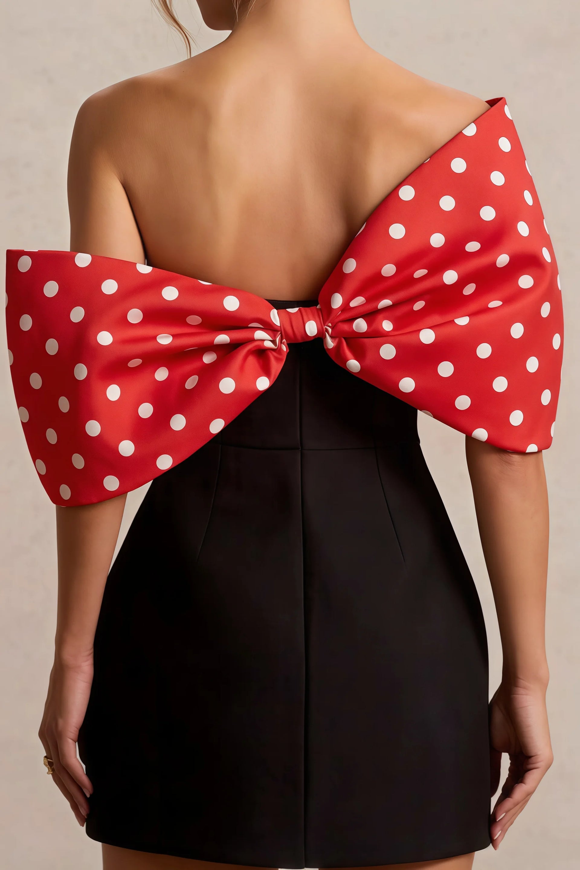 Bella Red Polka Dot Satin Bandeau A-Line Mini Dress with Bow Sleeves