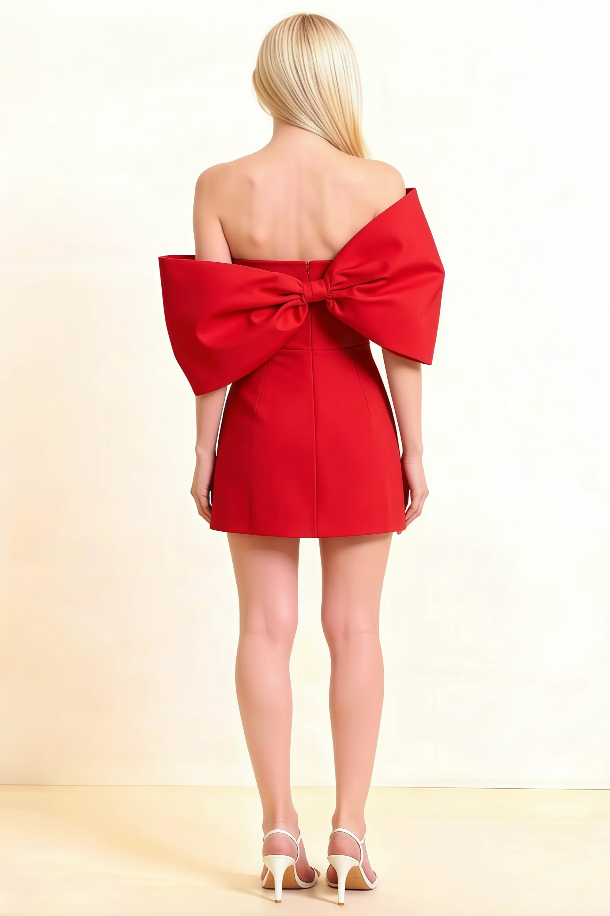 Bella Red Satin Bandeau A-Line Mini Dress with Bow Sleeves Imagen secundaria del producto