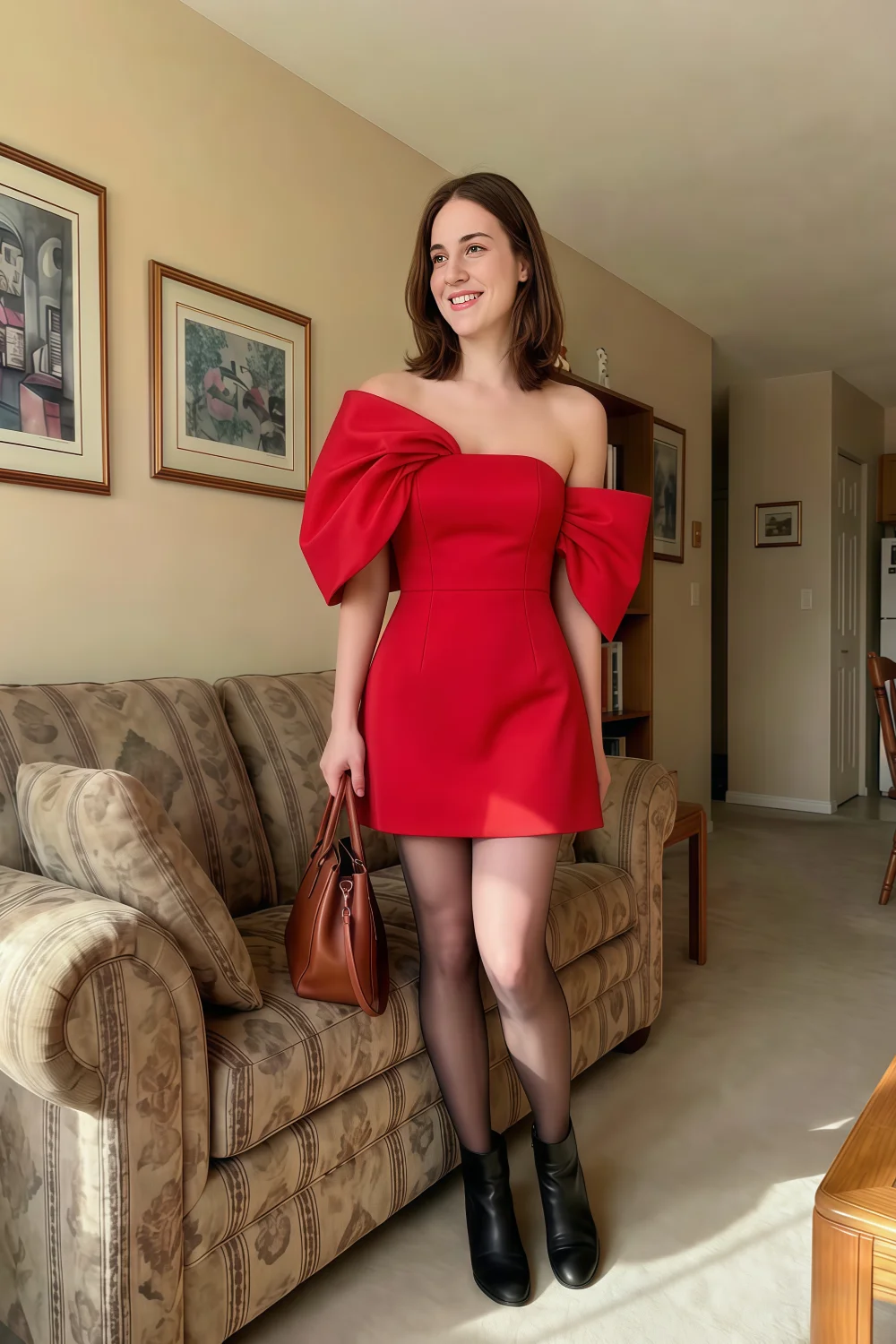 Bella Red Satin Bandeau A-Line Mini Dress with Bow Sleeves