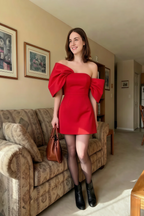 Bella Red Satin Bandeau A-Line Mini Dress with Bow Sleeves