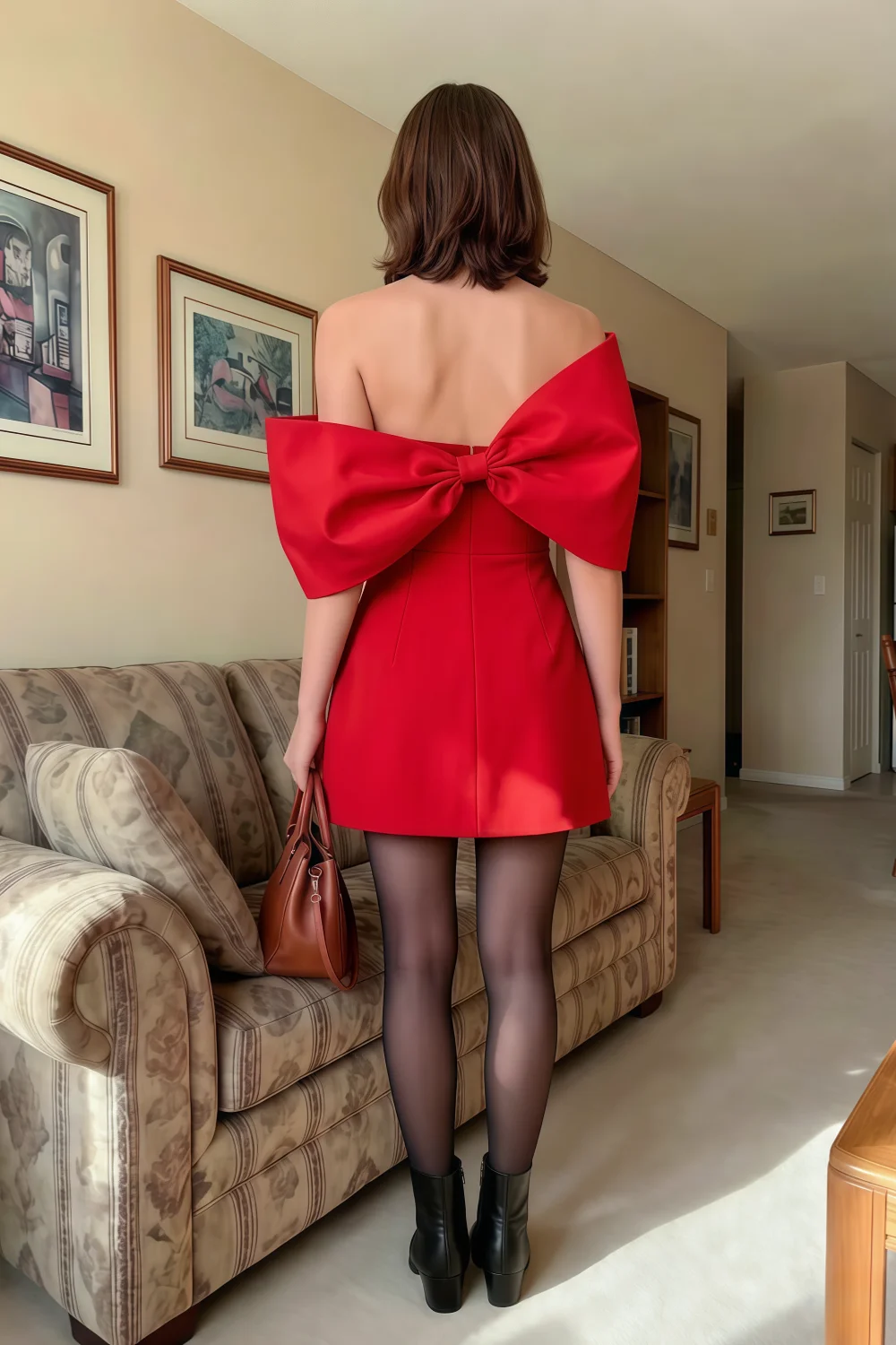 Bella Red Satin Bandeau A-Line Mini Dress with Bow Sleeves