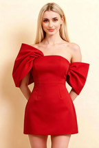 Bella Red Satin Bandeau A-Line Mini Dress with Bow Sleeves