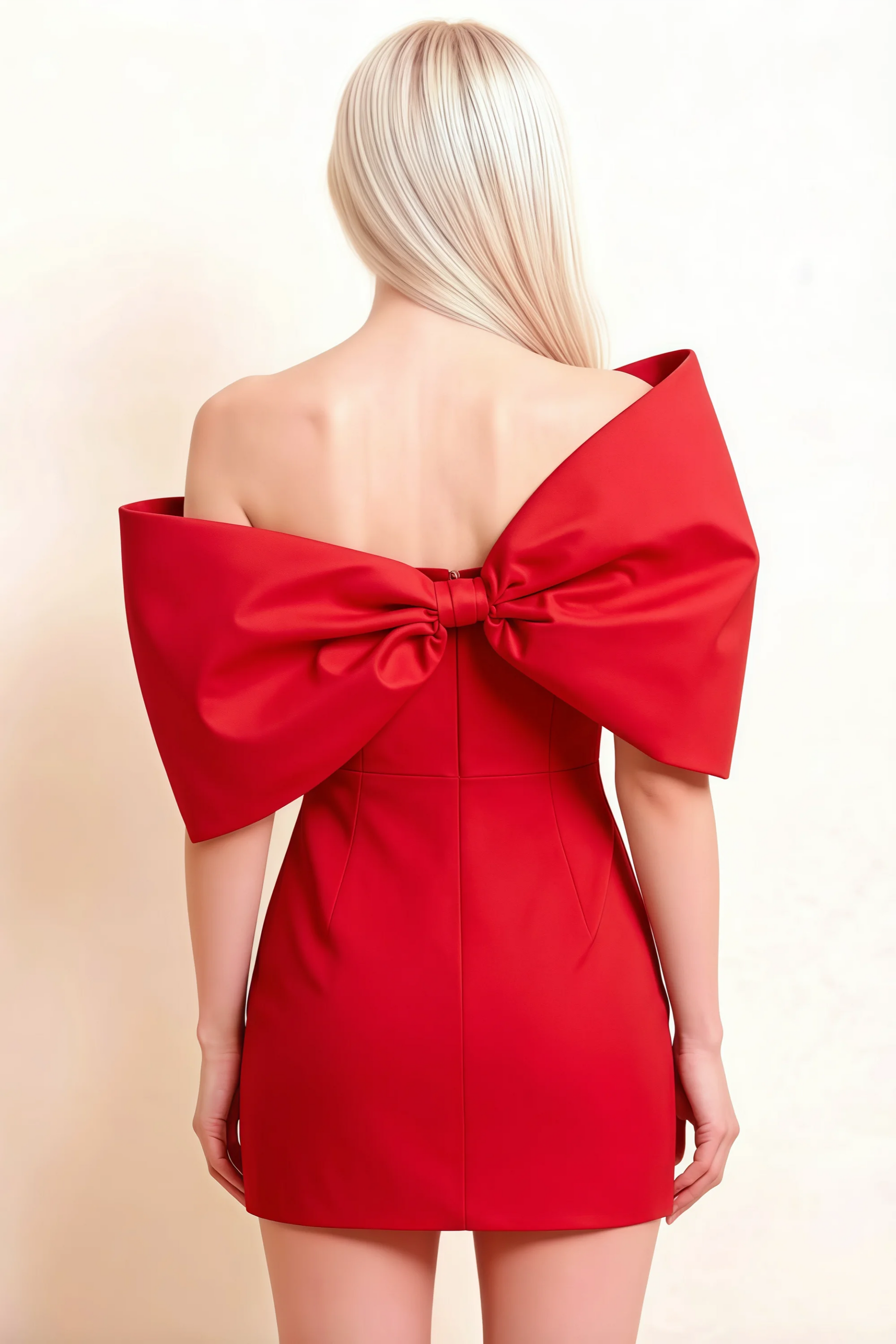 Bella Red Satin Bandeau A-Line Mini Dress with Bow Sleeves