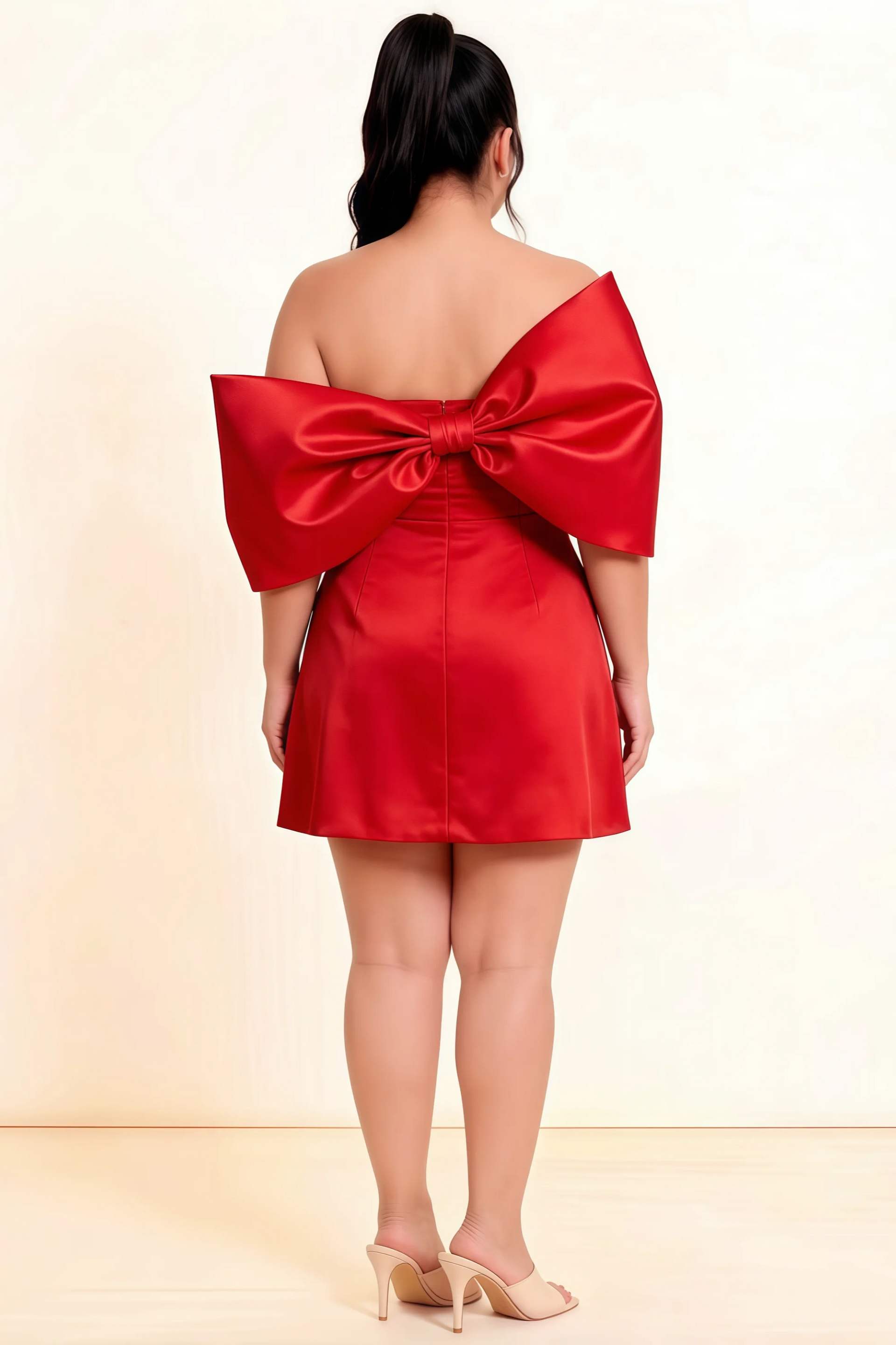 Bella Red Satin Bandeau A-Line Mini Dress with Bow Sleeves