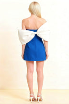 Bella Royal Blue Satin Bandeau A-Line Mini Dress with Bow Sleeves