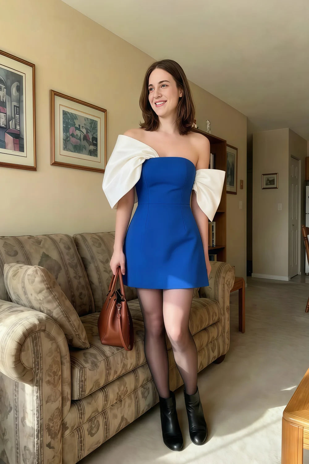 Bella Royal Blue Satin Bandeau A-Line Mini Dress with Bow Sleeves
