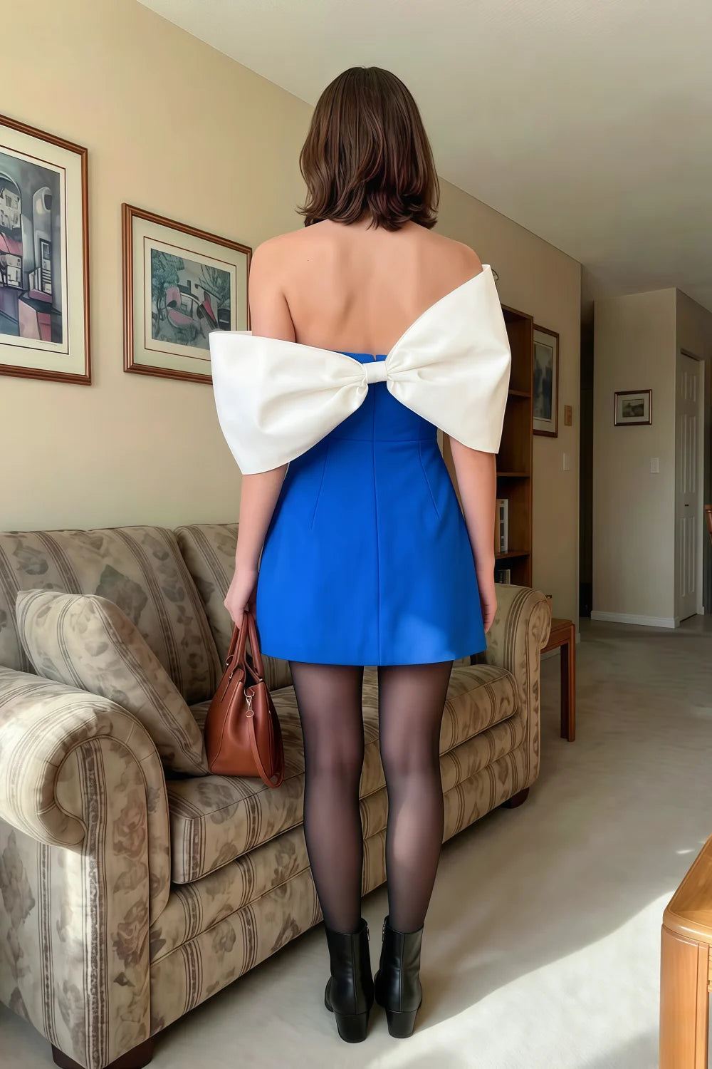 Bella Royal Blue Satin Bandeau A-Line Mini Dress with Bow Sleeves