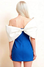 Bella Royal Blue Satin Bandeau A-Line Mini Dress with Bow Sleeves