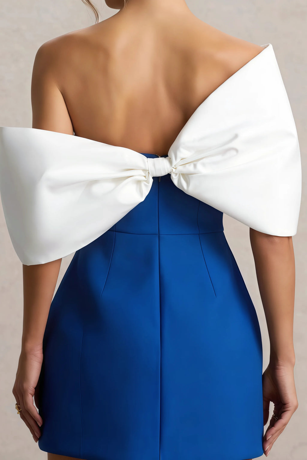 Bella Royal Blue Satin Bandeau A-Line Mini Dress with Bow Sleeves