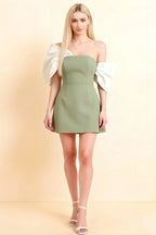 Bella Sage Green Satin Bandeau A-Line Mini Dress with Bow Sleeves