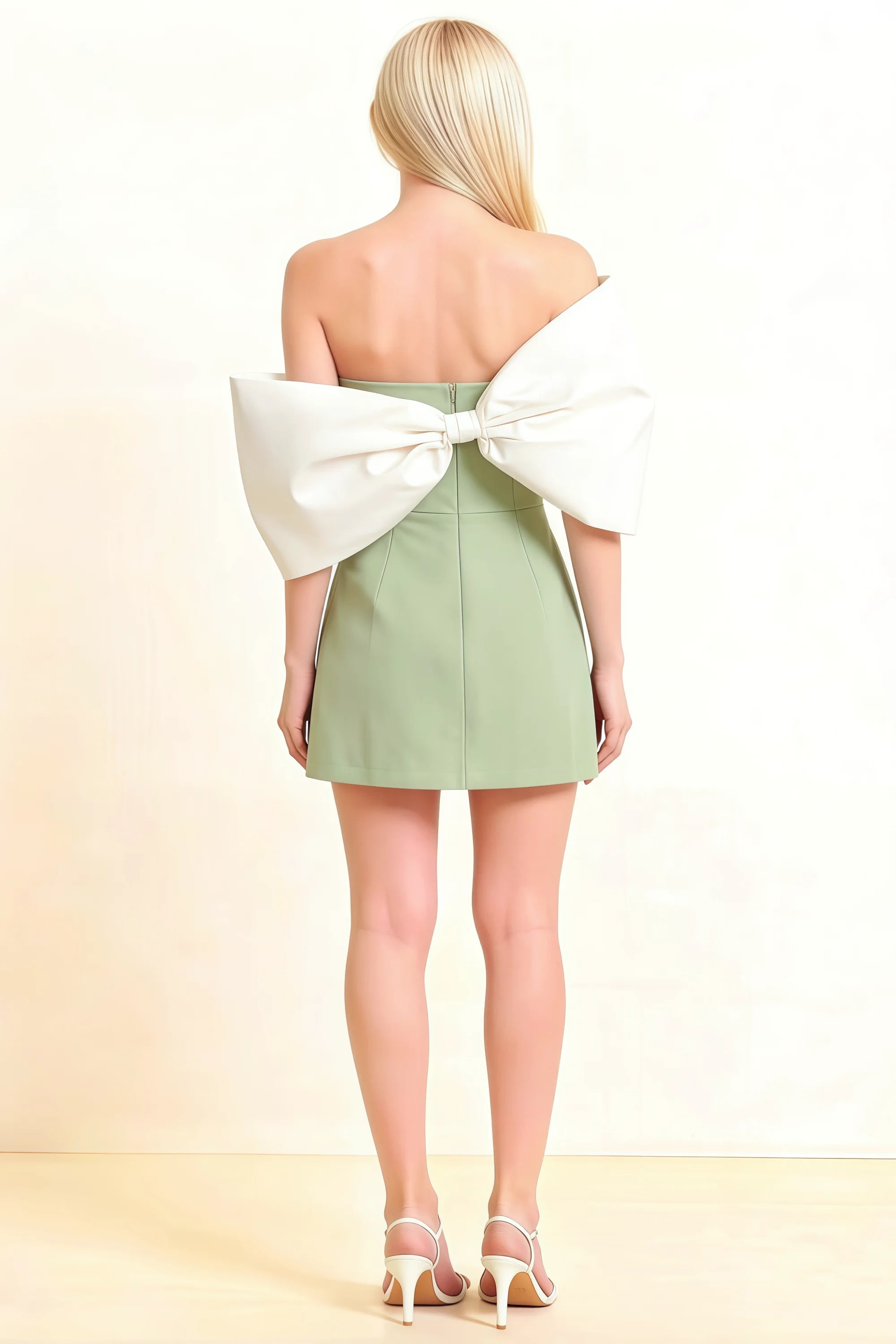 Bella Sage Green Satin Bandeau A-Line Mini Dress with Bow Sleeves Imagen secundaria del producto