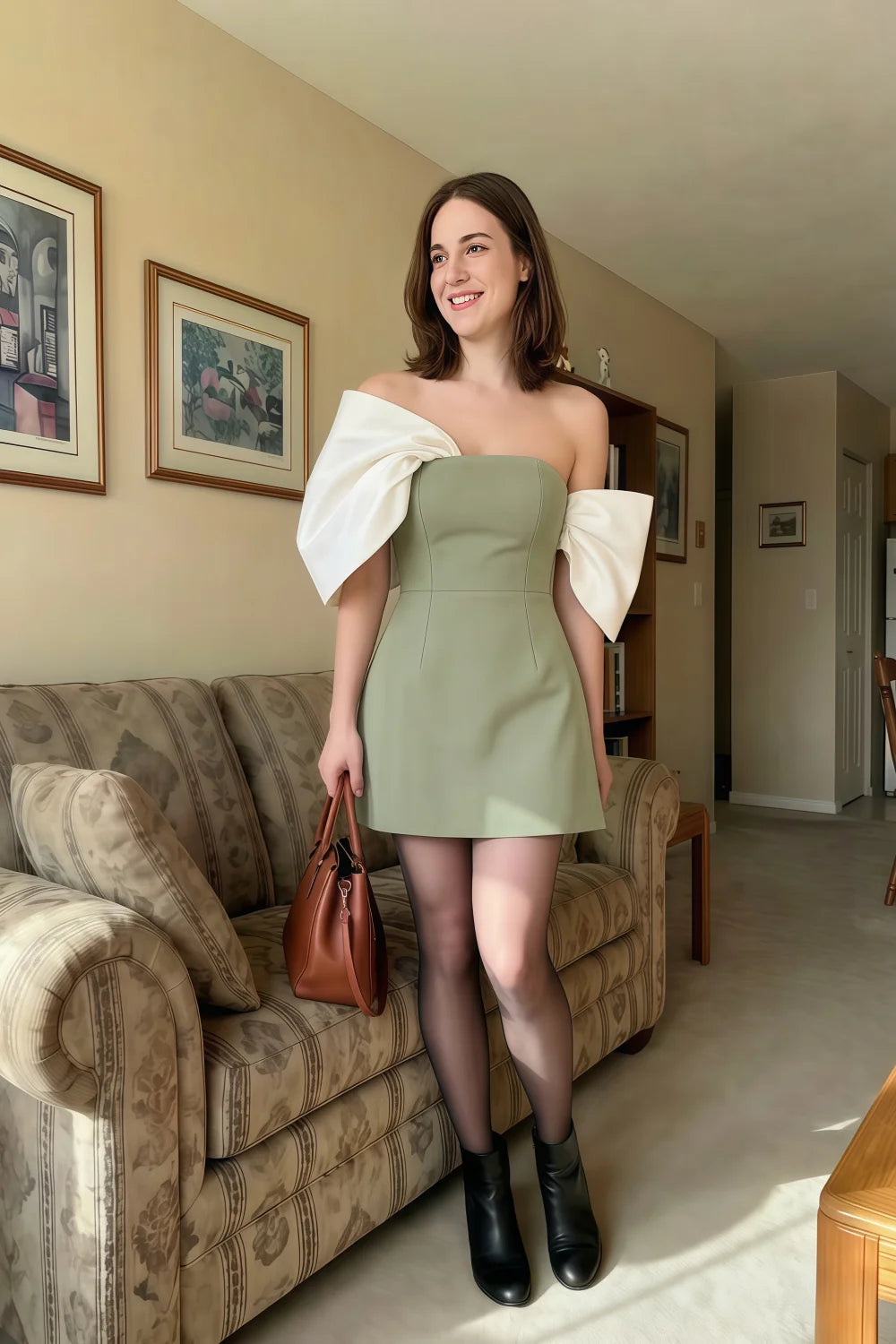 Bella Sage Green Satin Bandeau A-Line Mini Dress with Bow Sleeves