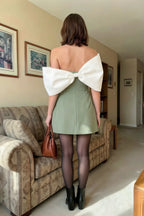 Bella Sage Green Satin Bandeau A-Line Mini Dress with Bow Sleeves