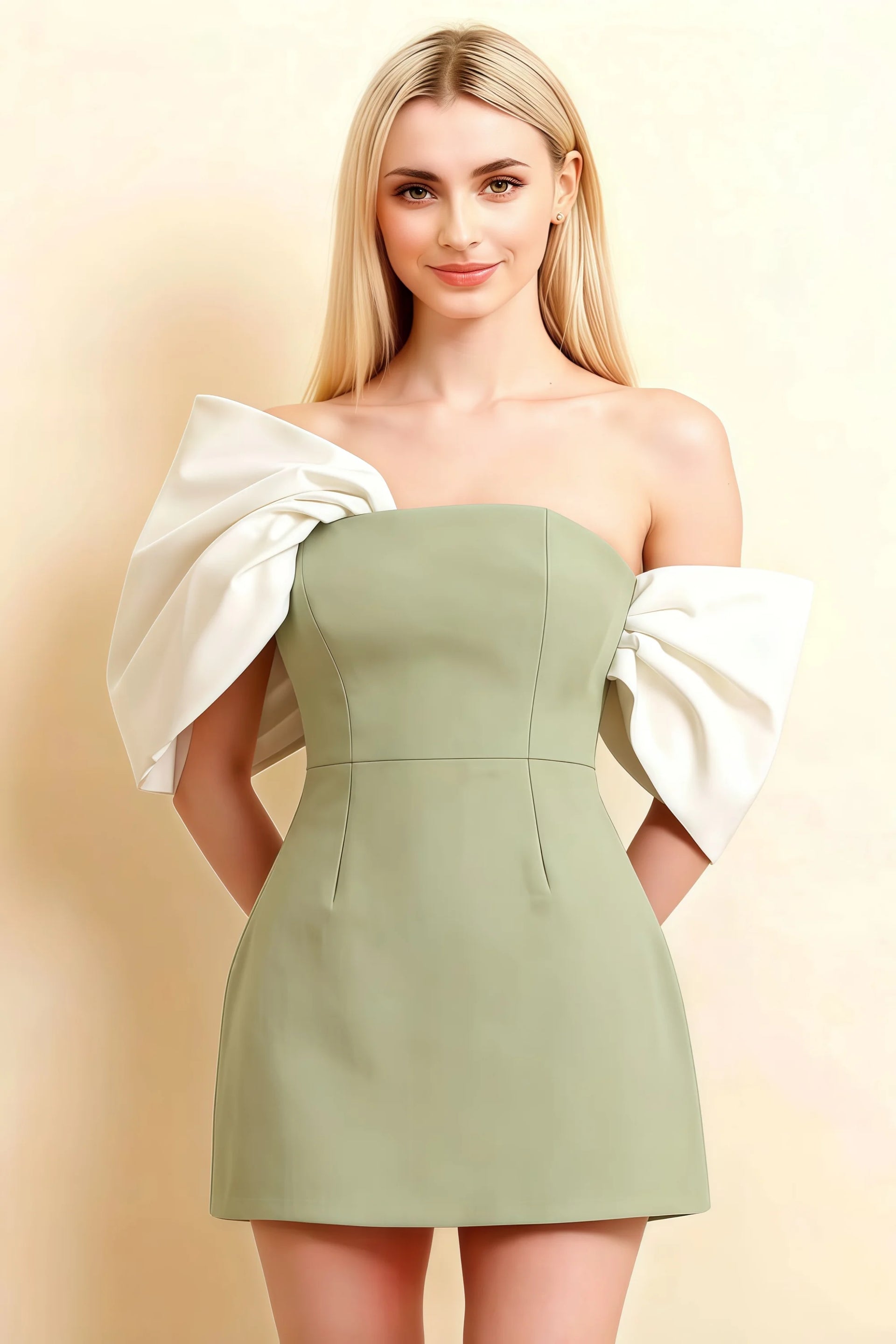 Bella Sage Green Satin Bandeau A-Line Mini Dress with Bow Sleeves