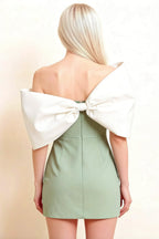 Bella Sage Green Satin Bandeau A-Line Mini Dress with Bow Sleeves