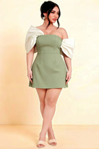 Bella Sage Green Satin Bandeau A-Line Mini Dress with Bow Sleeves