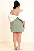 Bella Sage Green Satin Bandeau A-Line Mini Dress with Bow Sleeves