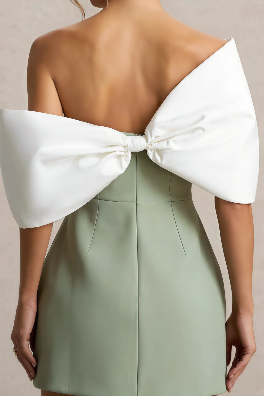 Bella Sage Green Satin Bandeau A-Line Mini Dress with Bow Sleeves