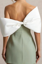 Bella Sage Green Satin Bandeau A-Line Mini Dress with Bow Sleeves