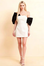 Bella White and Black Satin Bandeau A-Line Mini Dress with Bow Sleeves