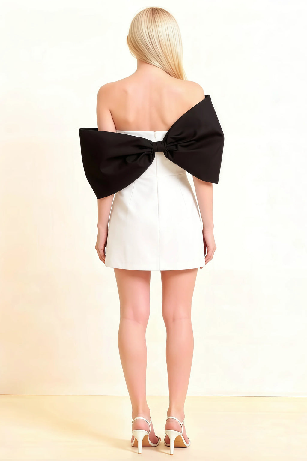 Bella White and Black Satin Bandeau A-Line Mini Dress with Bow Sleeves