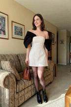 Bella White and Black Satin Bandeau A-Line Mini Dress with Bow Sleeves